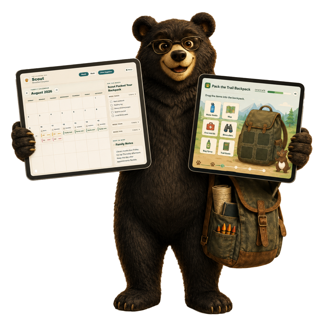Scout the bear carrying homeschool books, supplies, and learning tools